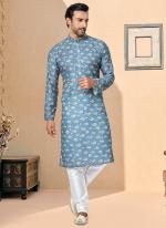 Dhupion Silk Sky Blue Festival Wear Printed Readymade Kurta Pajama